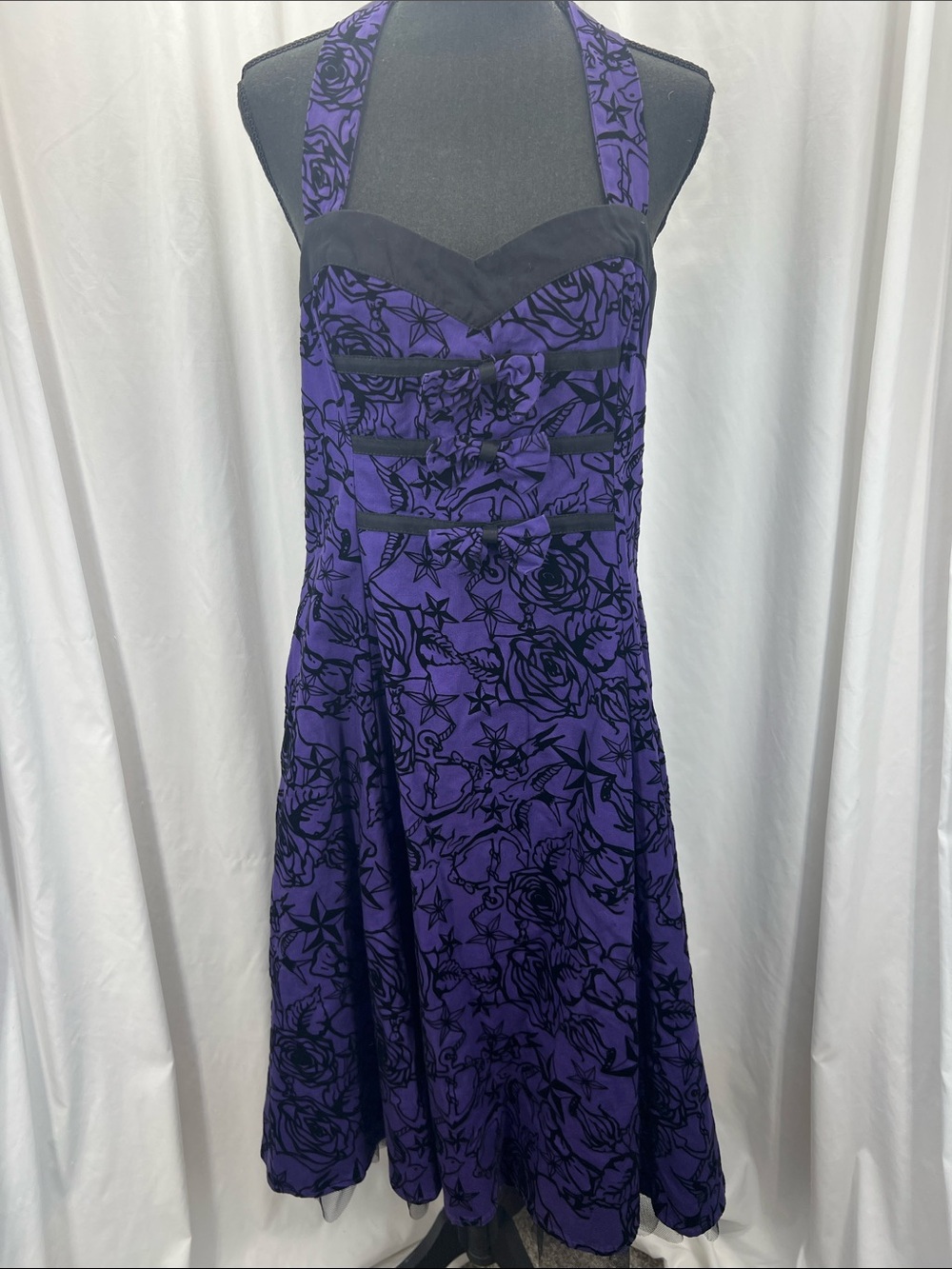 Purple Halter Midi Dress Velvet Floral Print Women’s 18 Y2K Pin Up Rockabilly